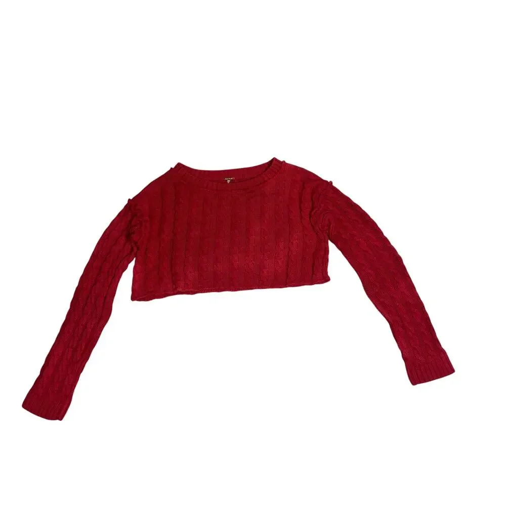 Free People Red Cable Knit Cropped Sweater XS